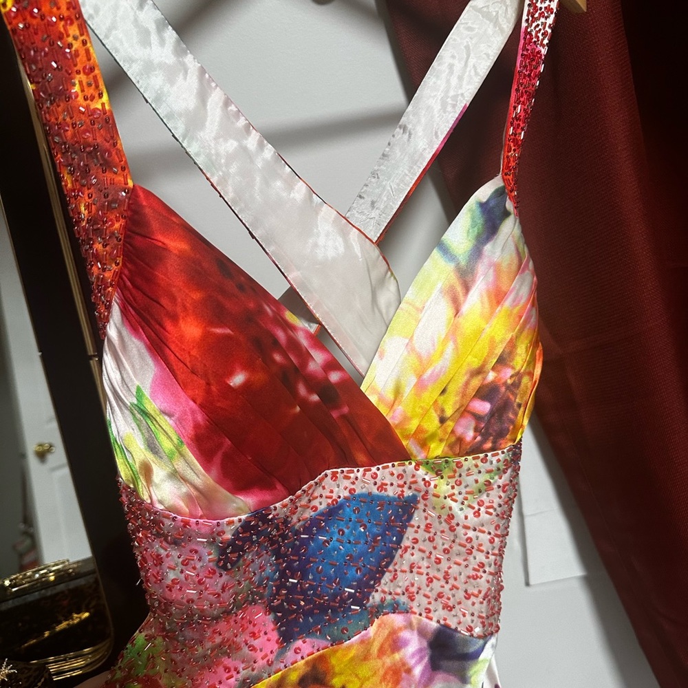 Long Stunning colorful dress beaded straps crossing back formal